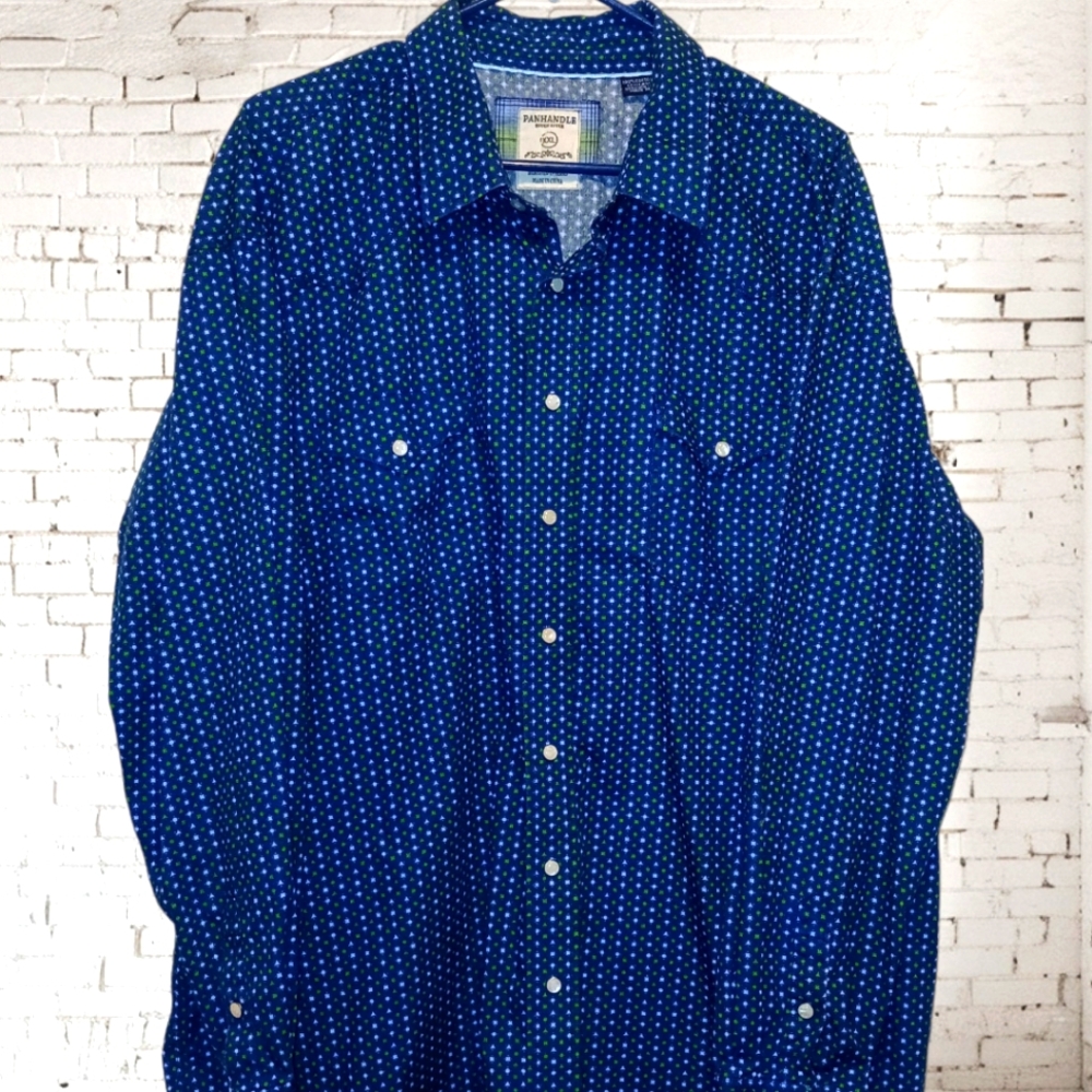 Panhandle Rough Stock XXL Men's Rodeo Shirt Blue Print Snap Western L/Sleeve